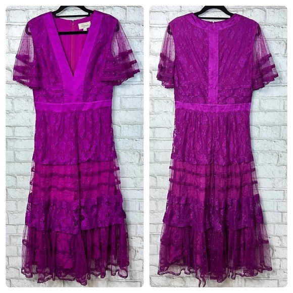 Temperley London Dress Florence Lace Midi Short Sleeve Ruffle Purple 6 - Picture 7 of 7